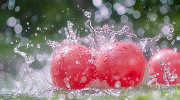 ein spielerisch Wasser Ballon Kampf im das Hinterhof mit wassermelonenförmig Luftballons Sprengung und planschen Wasser überall foto