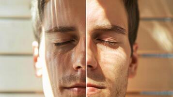 ein Vor und nach Bild von ein Personen Druck mit das zuerst Bild zeigen hoch Druck und das zweite Bild zeigen ein verringern nach regulär Sauna verwenden. foto