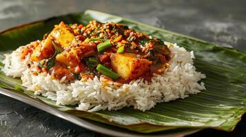 duftend Reis gemischt mit Insel es begleitet durch ein y Fisch Curry serviert auf ein ordentlich gefaltet Banane Blatt foto