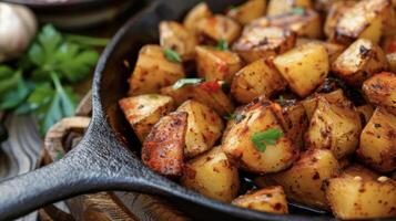 rundlich geröstet Kartoffeln durchnässt im ein pikant mischen von heiß Soße Limette Saft und geräuchert Paprika sind serviert im ein Besetzung Eisen Bratpfanne frisch aus das Grill. jeder beißen ist mögen ein Bohrer foto