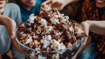 ein Gruppe von freunde zusammengekauert um ein groß Schüssel von Schokolade bedeckt Popcorn versuchen zu greifen wie viele Stücke wie Sie können Vor das Schüssel leert foto