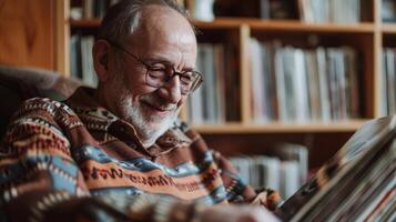 ein mittleren Alters Mann lehnt sich zurück im seine Sessel ein nostalgisch Lächeln auf seine Gesicht wie er flippt durch seine geschätzt Sammlung von Vinyl Aufzeichnungen foto