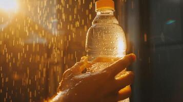 ein Nahansicht von ein Personen Hand halten ein Flasche von Wasser mit Perlen von Schweiß auf ihr Haut Hervorheben das Bedeutung von bleiben hydratisiert während ein Sauna Session zum optimal Herz Gesundheit. foto