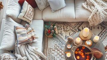 ein Overhead Aussicht von ein Leben Zimmer gefüllt mit Plüsch Kissen und Kissen ein Korb von gestrickt Decken und ein sprudelnd Topf von überlegte Apfelwein auf das Kaffee Tabelle foto