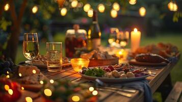 das Sanft glühen von Kerzen leuchtet ein rustikal hölzern Picknick Tabelle einstellen mit ein Array von lecker Geschirr zum das Grill Fest. 2d eben Karikatur foto