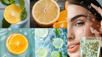 ein Collage von anders Bilder präsentieren das Leistungen von Flüssigkeitszufuhr eine solche wie glühend Haut verbessert Energie und insgesamt Gesundheit foto