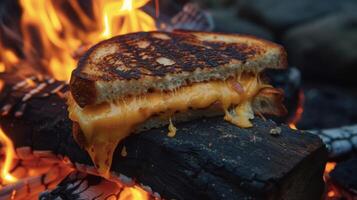 das warm glühen von das Feuer leuchtet das Köstlichkeit von das Lagerfeuer gegrillt Käse. beißen in das Sandwich offenbart ein befriedigend knirschen gefolgt durch ein Schluck von schmelzen foto