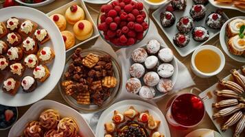 ein Tabelle voll von köstlich Snacks und Nachspeisen perfekt gepaart mit nicht alkoholisch trinken Optionen foto