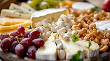 ein visuell atemberaubend Teller gefüllt mit lecker Scheiben von Brie Gouda und Camembert Käse umgeben durch Haufen von saftig gs und Reich butterartig Cashewkerne foto