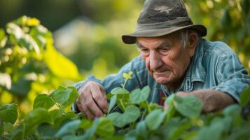 ein Alten Mann vorsichtig inspiziert seine Reihen von Grün Bohnen sanft zupfen irgendein Unkraut Das kann haben gefunden ihr Weg in seine Garten foto