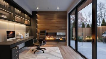 ein zeitgenössisch Zuhause Büro mit ein glatt Glas Kamin Das fügt hinzu Wärme und Raffinesse zu das Räume Design. 2d eben Karikatur foto