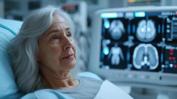 Innerhalb ein modern medizinisch Einrichtung ein silberhaarig Frau liegt immer noch auf das Knochen Dichte Scanner während ein Computer Bildschirm Anzeigen das Ergebnisse foto