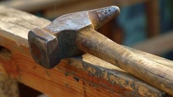 ein getragen und beliebt Hammer markiert mit Jahre von verwenden Streiks ein Nagel mit Experte Präzision wie es sichert ein Neu Geländer im Platz foto