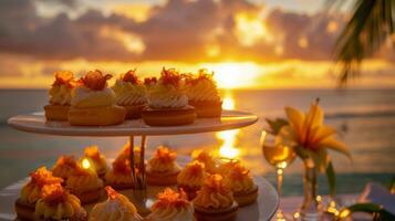 ein Sonnenuntergang Feier von alle Dinge tropisch mit ein Fest von Nachspeisen mögen Kokosnuss Dulce de leche Kuchen Mangoglasiert Donuts und Guave Sahne Gebäck genossen durch das Meer foto