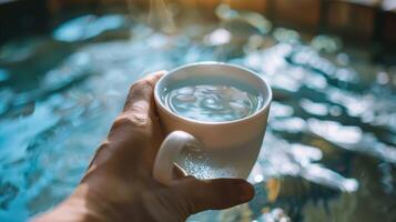 ein Person halten ein Tasse von Wasser im das Sauna bleiben hydratisiert wie Sie verwenden es wie ein bilden von Verwaltung zum ihr chronisch Erkrankung. foto