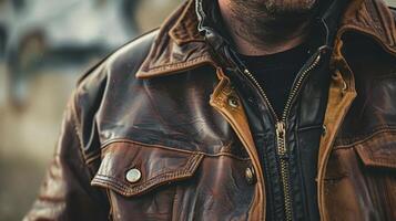 ein Mann Sport ein Jahrgang Leder Jacke porträtieren ein Sinn von Nostalgie und Individualismus foto