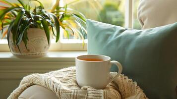 ein ruhig lesen Winkel ist hervorgehoben durch ein warm Becher von frisch gebraut Kräuter- Tee Hinzufügen Tiefe und Entspannung zu das Umgebung Raum foto