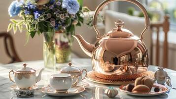 ein elegant Kupfer Kessel und ein Sammlung von handwerklich Tees machen zum ein perfekt Konfiguration zu genießen ein Tasse von Prämie Tee im das Komfort von Ihre besitzen Zuhause foto