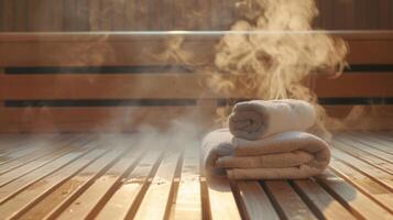 ein dunstig mit Dampf gefüllt Sauna Innere mit duftend Eukalyptus Öle und gemütlich Handtücher einladend Kunden zu atmen tief und Freisetzung aufgebaut Spannung und leichte Schmerzen. foto