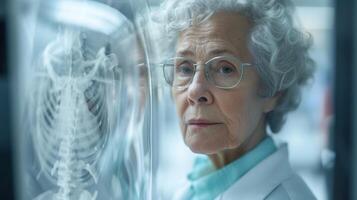 durch das Glas Fenster das Techniker Uhren vorsichtig wie das Scanner erfasst ein detailliert Bild von ein älter Frauen Knochen Struktur foto