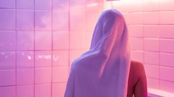 ein Person Schritt aus von ihr Infrarot Sauna mit ein Handtuch dd Über ihr Schultern. das rosa Farbton von ihr Haut zeigt an das ist gestiegen fließen und Verkehr Das kommt mit regulär Sauna foto