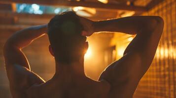 ein Mann erstreckt sich seine Waffen über seine Kopf Gefühl das Freisetzung von Spannung von seine Muskeln nach ein lange Session im das Sauna. foto