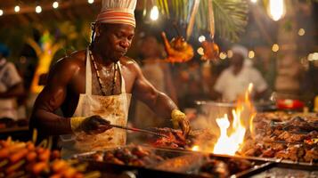 inmitten das beschwingt Farben und festlich Musik- Gäste graben in dämpfen Platten von karibisch Fleisch und tanzen Weg irgendein verbleibend Hemmungen foto