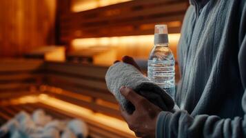 ein Person halten ein Handtuch und ein Wasser Flasche Stehen im Vorderseite von das Sauna mit ein entspannt und erfrischt Ausdruck. foto