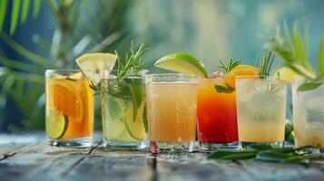 ein Bar Portion ein Vielfalt von Alkoholfrei Getränke vorsichtig gefertigt mit frisch Kräuter es und Säfte zu nachahmen das Aromen von Beliebt Cocktails foto