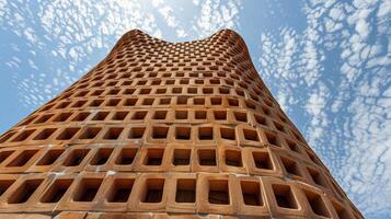 ein hoch aufragend Lehm Turm gebaut mit ein Kombination von handgeformt Ziegel und zeitgenössisch Materialien Portion wie ein Testament zu das grenzenlos Möglichkeiten von Lehm Gebäude. foto