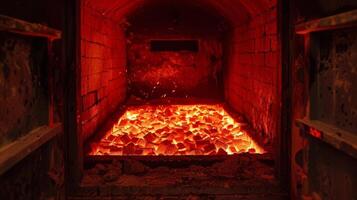 ein Ofen glühend hell rot wie es Feuer ein Stapel von sorgfältig gefertigt Porzellan Stücke. foto