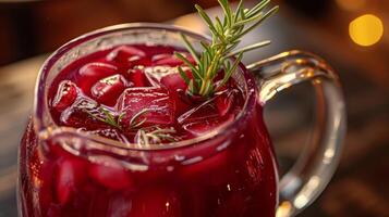 ein Glas Krug gefüllt mit ein tief rot Granatapfel Cocktail mit ein Zweig von Rosmarin wie Garnierung foto