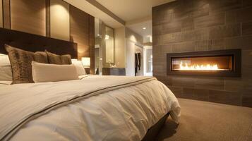 ein atemberaubend Kamin mit ein anpassbar Flamme Feature fügt hinzu Wärme und Charakter zu diese zeitgenössisch Schlafzimmer. 2d eben Karikatur foto