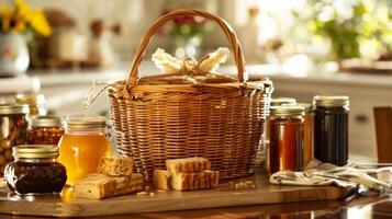 ein charmant Geschenk Korb mit handverlesen Marmeladen Honig und einzigartig e Mischungen perfekt zum irgendein Essen Liebhaber foto