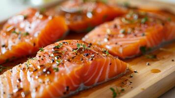 zart Scheiben von geräuchert Lachs sind gepaart mit ein scharf hausgemacht Grill Soße zum ein einzigartig Twist auf ein klassisch Western Gericht foto