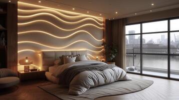 diese Schlafzimmer Design nutzt LED Seil Beleuchtung zu erstellen ein atemberaubend und romantisch Erklärung Mauer Hinzufügen ein unerwartet berühren von Glanz zu das Raum foto
