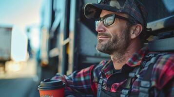 ein Arbeiter gelehnt gegen ein LKW nehmen ein brechen und genießen ihr Kaffee im zwischen Aufgaben foto