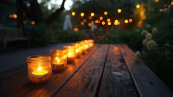 das warm Orange glühen von das Kerzen kontrastieren gegen das cool Dunkelheit von das draussen Einstellung. 2d eben Karikatur foto