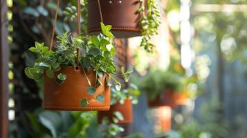 ein friedlich Garten mit hängend Pflanzgefäße gemacht von handgenäht Leder Hinzufügen ein berühren von Schönheit zu das still Sehenswürdigkeiten und Geräusche foto