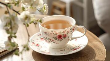 ein Teetasse und Untertasse geschmückt mit zart Blumen- Muster fügt hinzu zu das Eleganz von das Erfahrung von nippen auf ein Tasse von exquisit Kräuter- Tee foto