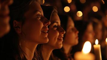 das Kerzenlicht Tänze über das Gesichter von das Publikum reflektieren ihr Freude im das Musik. 2d eben Karikatur foto