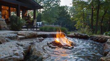 das Kontrast von das cool Wasser und warm Feuer schafft ein komfortabel Temperatur zum Gäste zu entspannen In. 2d eben Karikatur foto