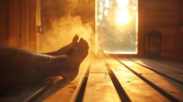 ein Person Dehnen aus ihr Glieder im das Hitze von das Sauna finden Linderung von irgendein Dichtheit oder Steifheit im ihr Muskeln. foto