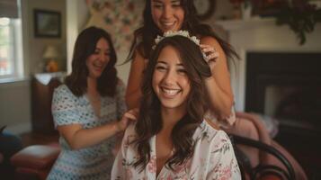 ein lächelnd Braut bekommen ihr Haar gestylt und perfektioniert zum das groß Tag umgeben durch ihr unterstützend und aufgeregt Freunde. foto