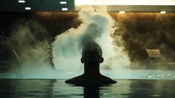 das Dampf von das Sauna wirbelt um das Silhouette von ein Person Lockerung ihr Schmerz Muskeln. foto