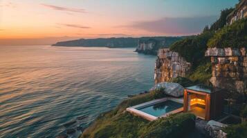 ein Küsten Wellness Rückzug mit ein Sauna gebaut auf ein Klippe Bereitstellung Panorama- Ansichten von das Ozean und ein erfrischend Meer Brise. foto