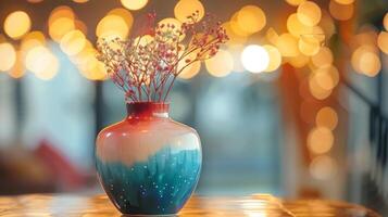 ein handgemalt Vase mit ein Gradient bewirken Übergang von einer Farbe zu Ein weiterer Erstellen ein auffällig und einzigartig Zusatz zu irgendein Zimmer. foto
