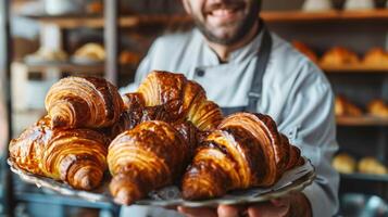 ein Koch aufgeregt präsentieren ein Tablett von frisch gebacken vegan Croissants flockig und golden braun foto