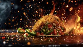 ein knusprig Taco Sprengung mit y Jalapenos und cool erfrischend Salsa ein aromatisch mischen von Feuer und Eis foto