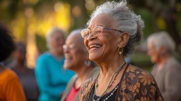 ein friedlich Park Rahmen umgewandelt in ein lebhaft Szene von Senioren durchführen Lachen Yoga zusammen ihr Gesichter reflektieren rein Freude foto